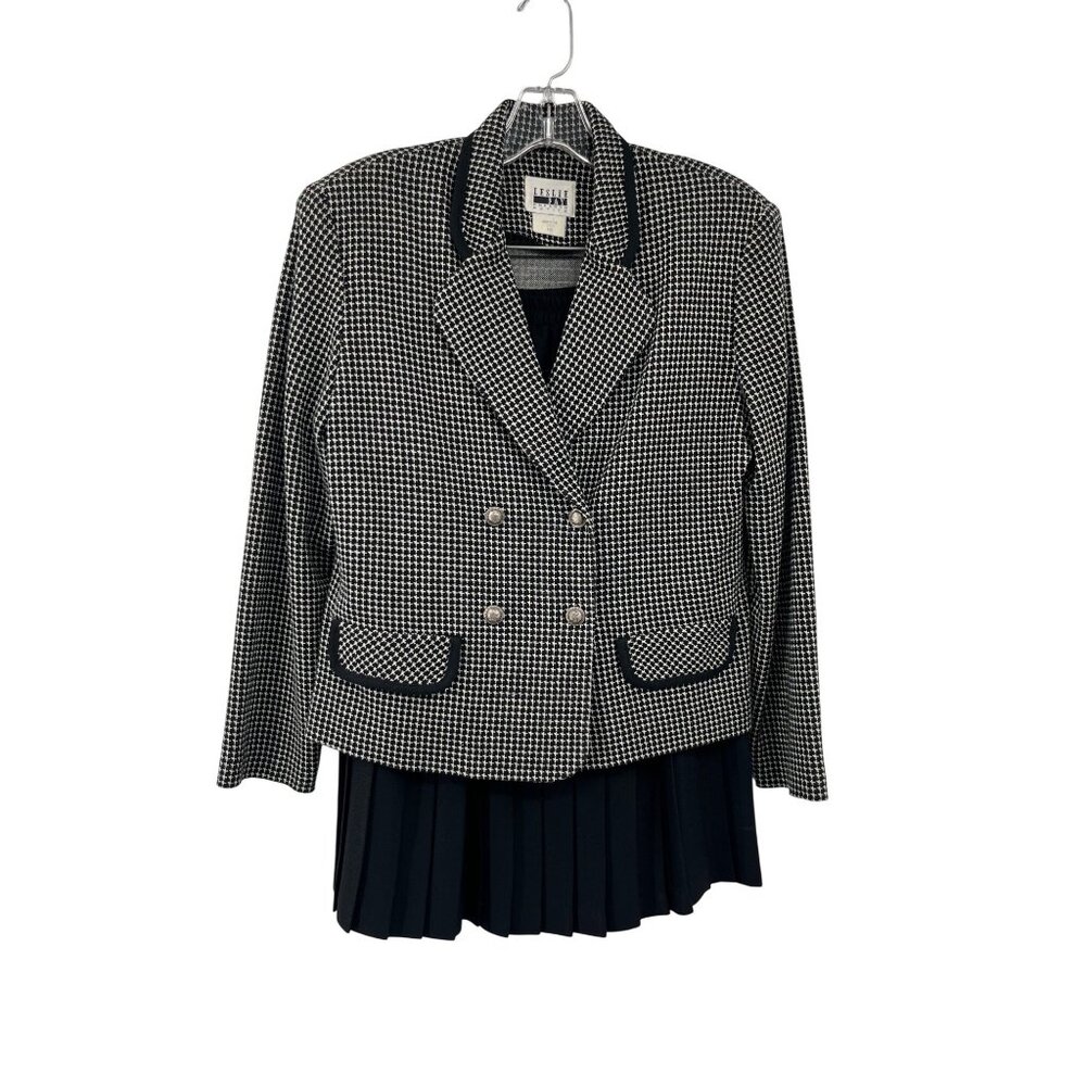 Vintage Leslie Fay Skirt Suit 10P Used Petite Black White Houndstooth USA
